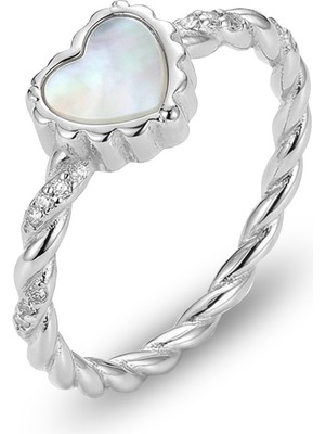 Söğütlü Silver 925 Ayar Gümüş Yüzük Kalp Figürlü Sedefli ve Zirkon Taşlı Burgu Tasarım Yüzük