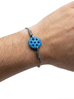 Söğütlü Silver 925 Ayar Gümüş Erkek Bileklik Süryani Boncuğu Mavi Taşlı 7 Delikli Kazaziye Örgü Erkek Bileklik - El Işçiliği Otantik Tasarım SGTL13258SIYAH