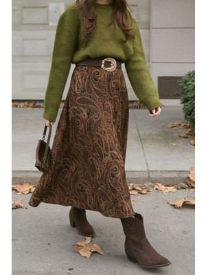 İlkimay.com Şal Desen Kloş Etek 1681 - Koyu Kahve