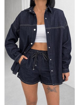 Polo State Kadın Lacivert Denim Gömlek Ceket & Şort Takım – Oversize Rahat Kalıp