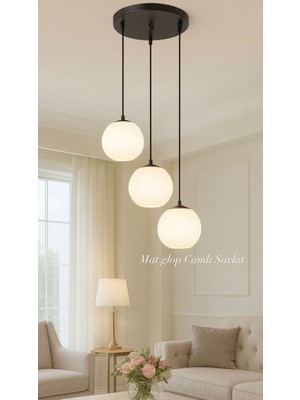 Normadia Modern 3’lü Sarkıt Avize, Metal Gövde, Mat Beyaz Camlar, Salon ve Oturma Odası Için