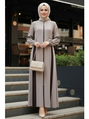 Neva Style Fermuarlı Bej Tesettür Ferace 45288BEJ