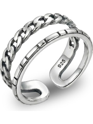 Söğütlü Silver 925 Ayar Gümüş Yüzük Zincir Detaylı Ikili Görünümlü Ayarlanabilir Vintage Tasarım Kadın Yüzük  SGTL13256RODAJ