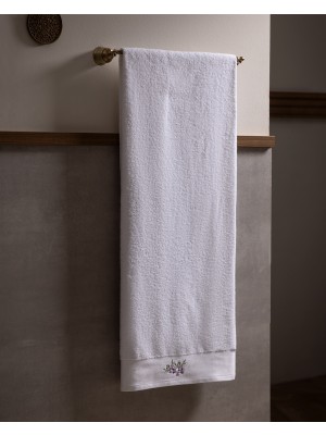 Madame Coco Marnot Bordürü %100 Pamuk Floşlu Banyo Havlusu - Beyaz/lila - 80X160 cm