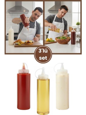 Flora Kapaklı Sızdırmaz Şeffaf Yağdanlık ve Sosluk 3’lü Set, Yağ Ketçap Mayonez Şişesi 700 ml 3 Adet