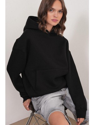2022 Unisex 3iplik Basic Polarlı Kapüşonlu Sweatshirt Hoodie Siyah