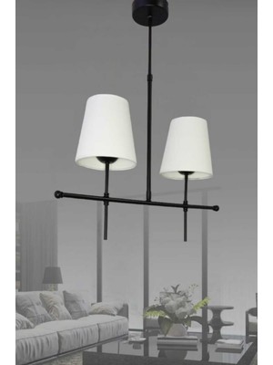 Normadia Modern Siyah Avize, 2'li Sıralı, Konik Beyaz Abajurlu Şık Tasarım