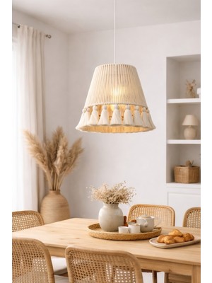 Normadia El Yapımı Bohem Makrome Avize, Ekru, 30 Cm, Şık ve Sıcak Atmosfer