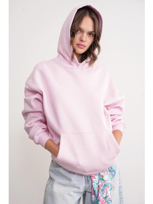 2022 Unisex 3iplik Basic Polarlı Kapüşonlu Sweatshirt Hoodie Pembe