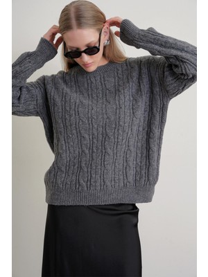 Mixray 6986 Kadın Oversize Saç Örgü Yumuşak Dokulu Triko Kazak Antrasit
