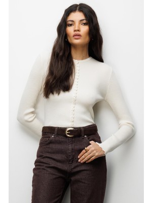 Mixray 6972 Kadın Fitilli Basic Triko Hırka Naturel
