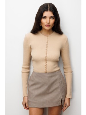 Mixray 6972 Kadın Fitilli Basic Triko Hırka Camel