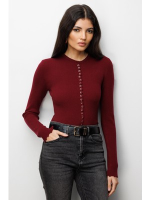Mixray 6972 Kadın Fitilli Basic Triko Hırka Bordo