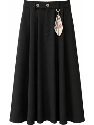 Mixray 4805 Kadın Yüksek Bel A Kesim Midi Aksesuar Detay Etek Siyah