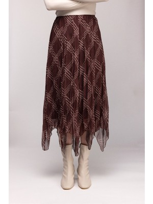 Saade Kahverengi Ekose Desenli Asimetrik Kesim Piliseli Etek L