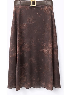 Mixray 2050 Kadın Astarlı Desenli Kemerli Tül Etek Kahve