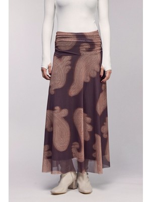 Saade Kahverengi Şal Desenli Beli Drapeli Dökümlü Etek - Astarlı M