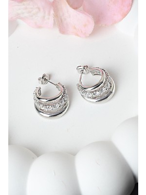 By Barun Halka Küpe Beyaz Silver Zirkon Taşlı 925 Ayar Gümüş Küpe