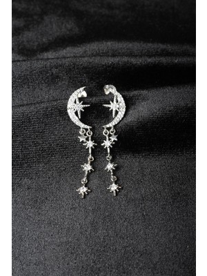 By Barun Sallantılı Yıldız Küpe Hilal 925 Ayar Beyaz Zirkon Taşlı Kutup Yıldızı Gümüş Küpe