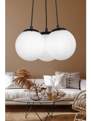 Normadia Şık 3'lü Avize, Siyah Beyaz Cam, Modern Aydınlatma Dekorasyonu
