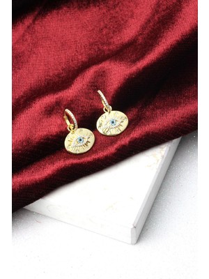 By Barun Nazar Boncuklu Mavi Göz Halka Plaka Zirkon Taşlı 925 Ayar Klipsli Gümüş Küpe