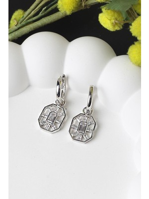 By Barun Halka Küpe Baget Beyaz Silver Zirkon Taşlı 925 Ayar Gümüş Küpe