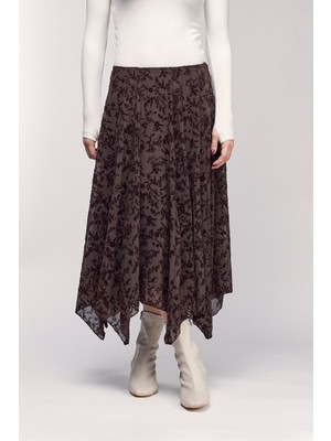 Saade Kahverengi Floral Desenli Asimetrik Kesim Maxi Etek - Astarlı S