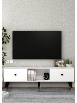 Demonte Decor 1383TV150DD-1 Tv Sehpası-Beyaz-Siyah