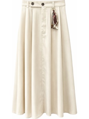 Mixray 4805 Kadın Yüksek Bel A Kesim Midi Aksesuar Detay Etek Taş