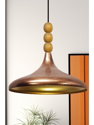 Normadia Bakır Patina Ahşap Boncuklu Tekli Avize Sarkıt, Şık ve Modern Salon & Mutfak Aydınlatması