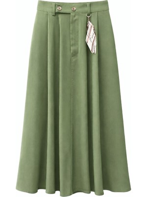 Mixray 4805 Kadın Yüksek Bel A Kesim Midi Aksesuar Detay Etek Haki