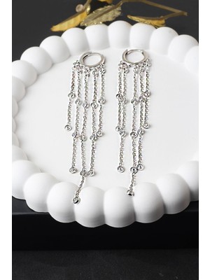 By Barun Zincir Küpe Sallantılı Zirkon Taşlı 925 Ayar Gümüş Küpe