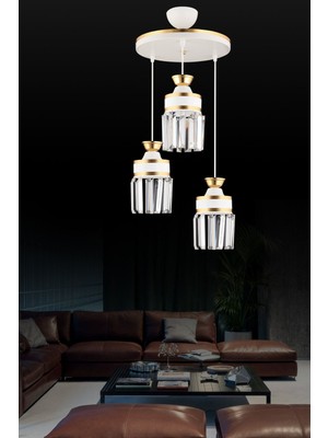 Normadia Nairobi 3'lü Beyaz Kristal Taşlı Sarı Şeritli Silindir Lüks Avize