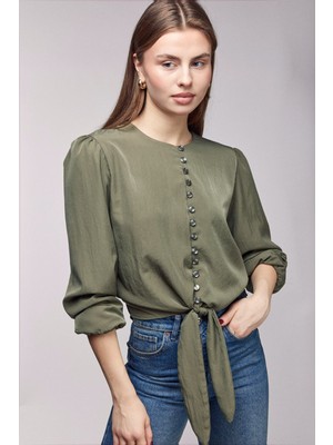 Saade Haki Balon Kollu Bağlama Detaylı Düğmeli Bluz L