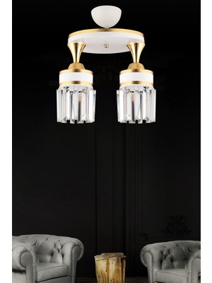 Normadia Şık 2'li Beyaz Kristal Taşlı Sarı Şeritli Silindir Avize