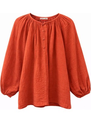 Mixray 4707 Kadın Yakası Büzgülü Kolu Lastikli Bol Müslin Bluz Kiremit