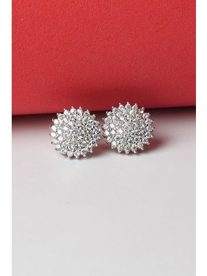 By Barun Yuvarlak Küpe Gümüş Zirkon Taşlı 925 Ayar Gümüş Küpe