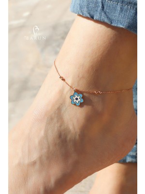 By Barun Halhal Kadın Rose 925 Ayar Gümüş Çicek Mavi Mineli Halhal