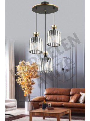 Normadia Siyah 3'lü Sarkıt Kristal Avize, Sarı Şeritli, Şık ve Şık Tasarım