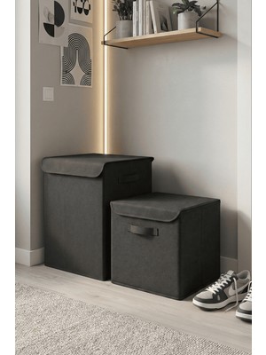 HomyJRs Homyjr’s 2’li Kapaklı Kumaş Saklama Kutusu Seti (Büyük + Küçük) Dolap Içi Organizer - Antrasit