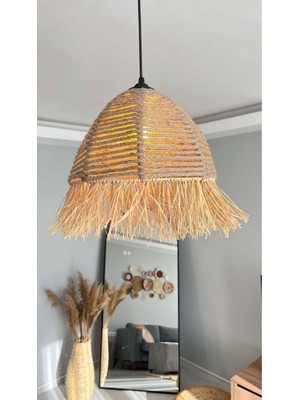 Normadia El Yapımı Hasır Jüt Halat Bohem Avize, Rustik Siyah Duy, Oturma ve Balkon Dekoru