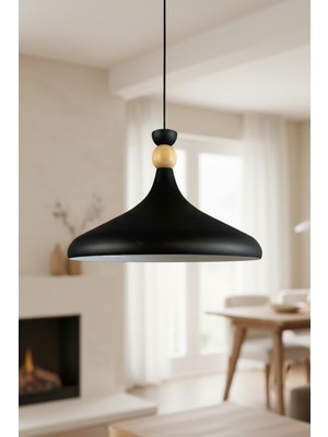 Normadia Siyah-Beyaz Ahşap Şapka Tasarımlı Modern Avize, Salon ve Mutfak Için Aydınlatma