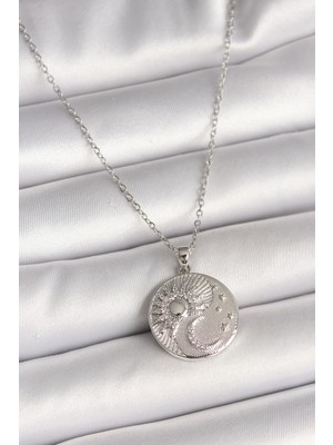 Lokiboo 316L Çelik Gümüş Renk Zincir Zirkon Taşlı Ay Güneş Işlemeli Madalyon Model Kadın Kolye - TJ-BKO9959