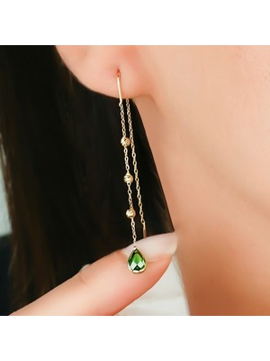 Hakan Mücevherat Sallantılı Yeşil Taşlı Küpe 14 Ayar Altın