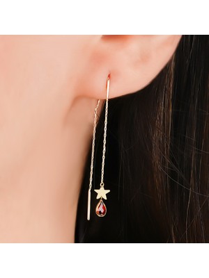 Hakan Mücevherat Sallantılı Kırmızı Taşlı Yıldız Küpe 14 Ayar Altın