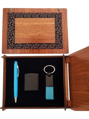 Lokiboo Ahşap Kutulu Çakmak ve Mavi Kalem Anahtarlık Set