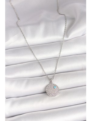 Lokiboo 316L Çelik Gümüş Renk Zincir Zirkon Taşlı Mavi Taş Detaylı Madalyon Model Kadın Kolye - TJ-BKO9965