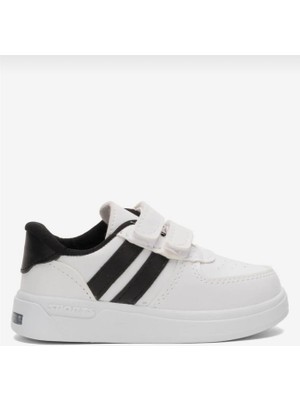 Yonca Outlet Çocuk Beyaz Siyah Çizgili Cırtlı Spor Ayakkabı Günlük Yürüyüş Ayakkabısı