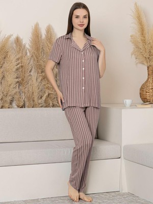 Limissi Çizgili Önden Düğmeli M-Xxl Yetişkin Pijama Takımı - Kahverengi 36-48 Beden