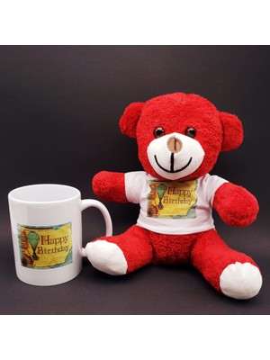 Lokiboo Happy Birthday Baskılı Kırmızı Ayı ve Kupa Bardak Seti